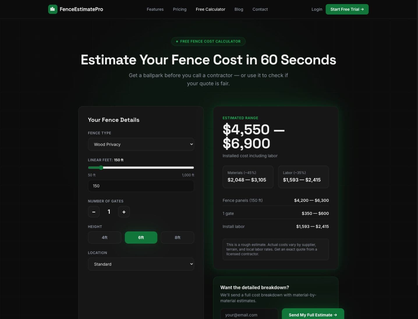 FenceEstimatePro public calculator showing fence inputs and an estimated cost breakdown