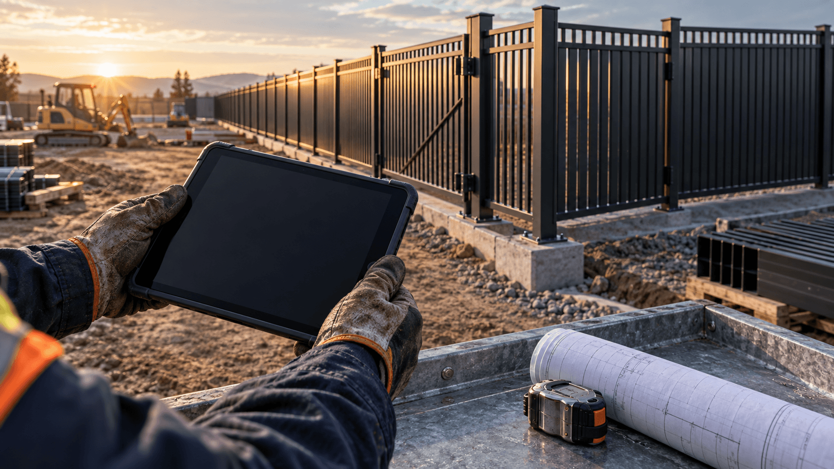 Illustrative contractor using a tablet at a steel fence installation