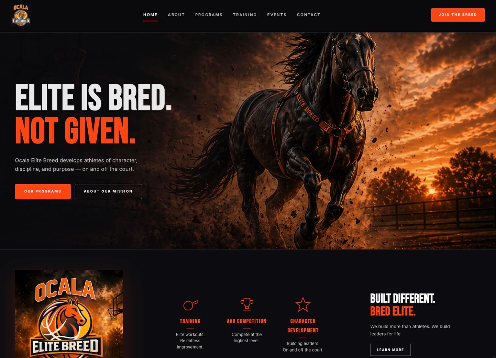 Ocala Elite Breed website screenshot showing the youth basketball homepage